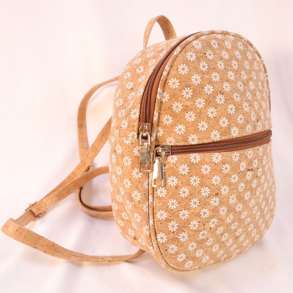 Corkcho Cork Fabric Backpack Purse Adjustable Straps Bag Tan w/ Daisys